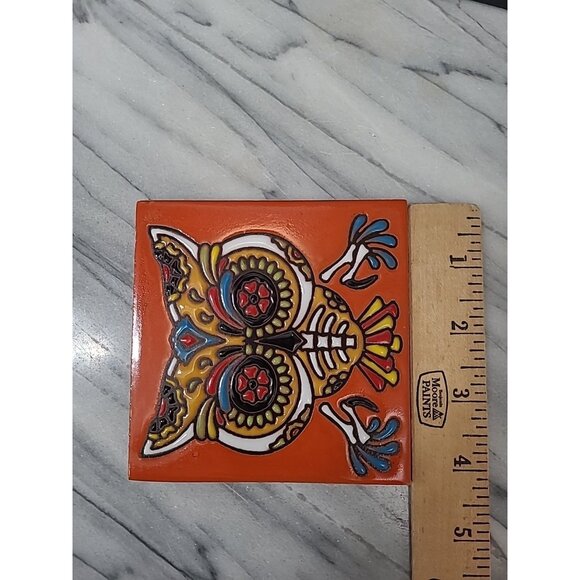 Earthtones Day of the Dead Owl Tile Trivet Hand Glazed Ceramic Art Decor 4.25" - Picture 6 of 6